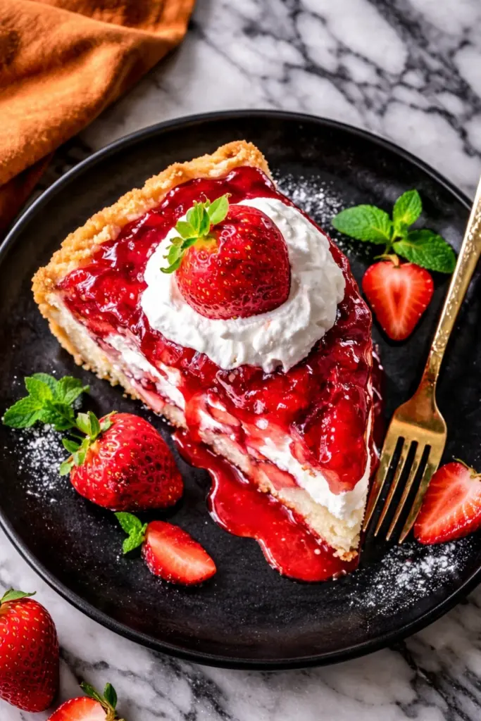 Strawberry Earthquake Cake slice with whipped cream, fresh strawberries, and glossy strawberry topping on a black plate