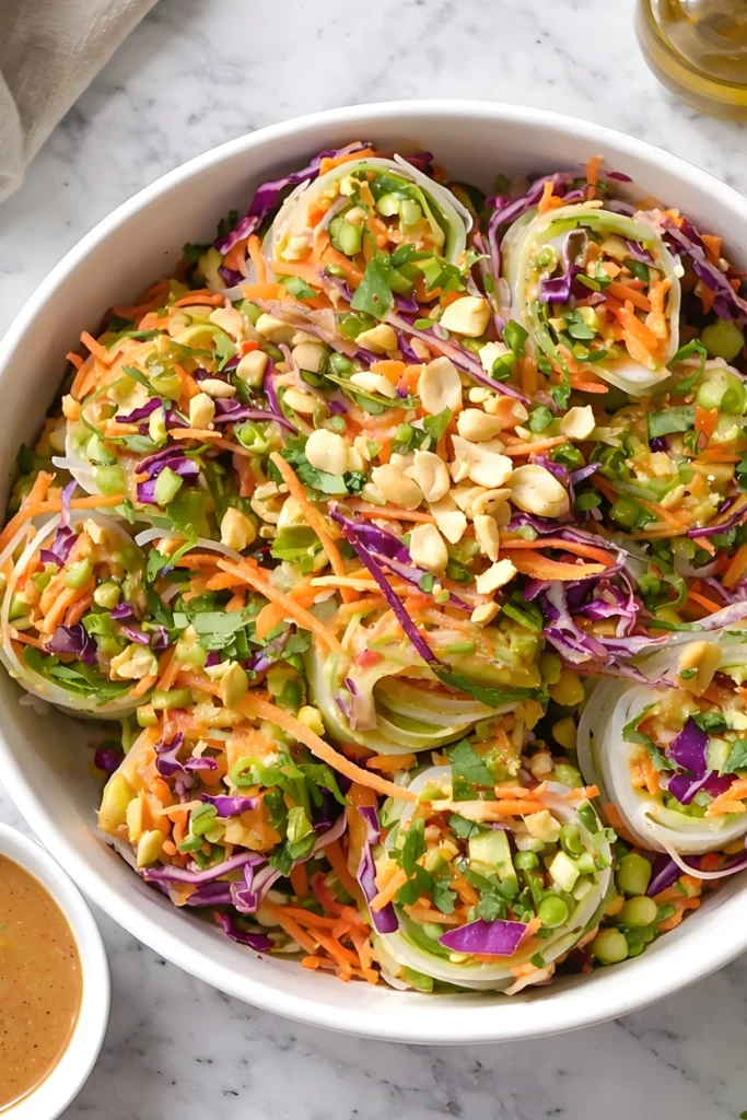 Fresh spring roll salad with rice noodles, shredded vegetables, chopped peanuts, and peanut dressing served in a white bowl on marble surface