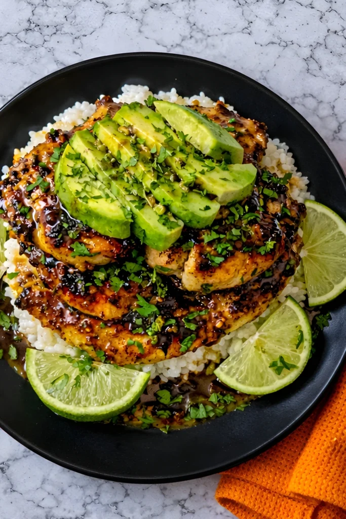 Overhead view of tangy honey lime chicken with avocado slices on rice topped with cilantro and served with lime wedges on a black plate