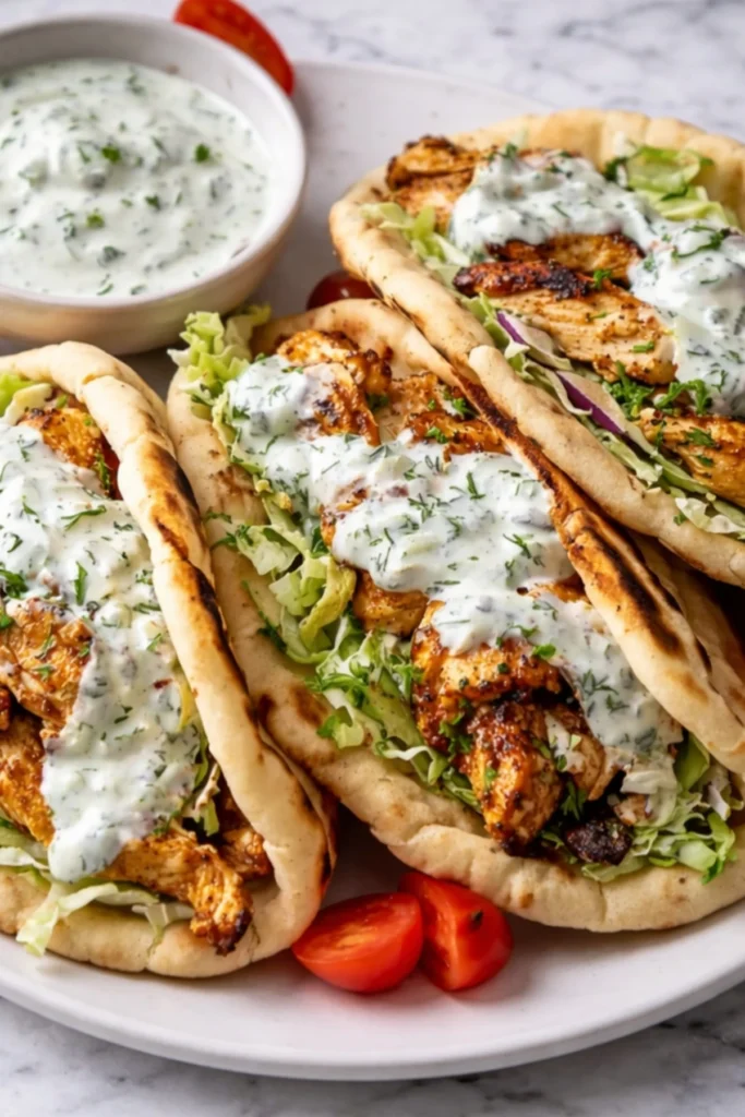 Sheet Pan Chicken Pitas with Herby Ranch on white plate with bowl of ranch sauce and cherry tomatoes