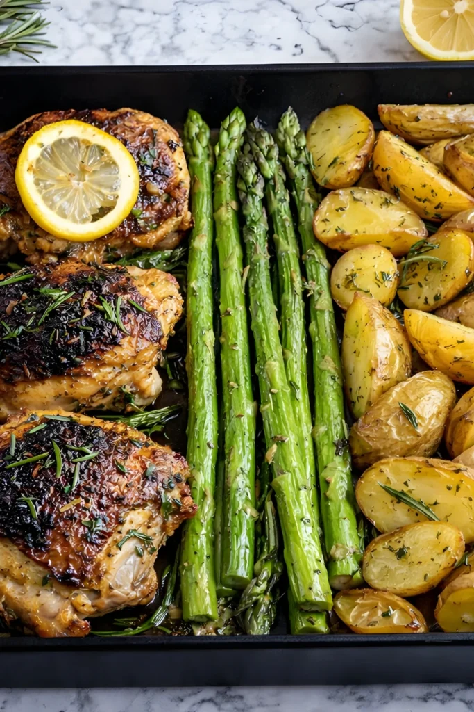 Sheet pan lemon herb chicken thighs with asparagus and golden baby potatoes