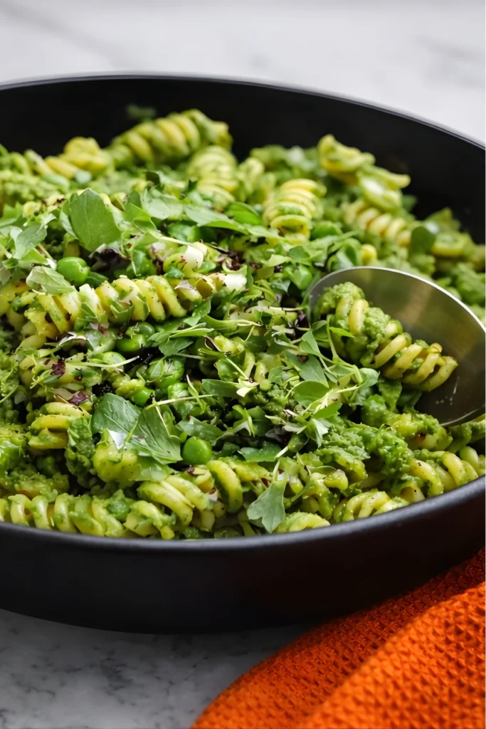 Spring pea pesto pasta with fusilli noodles and microgreens in a black bowl
