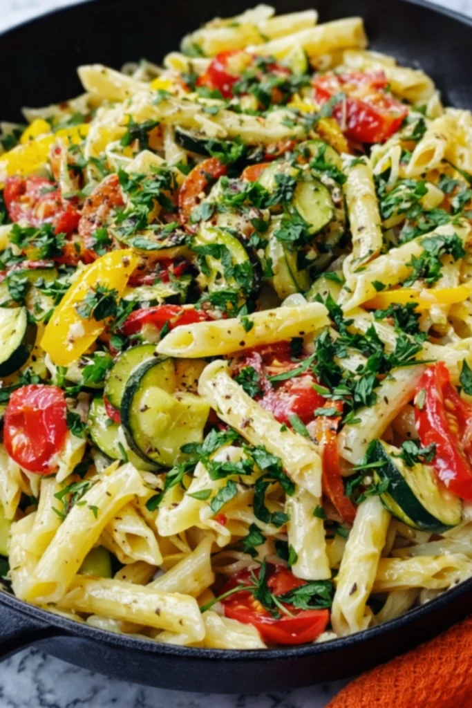Creamy pasta primavera with penne, zucchini, cherry tomatoes, bell peppers, herbs, and parmesan in a skillet