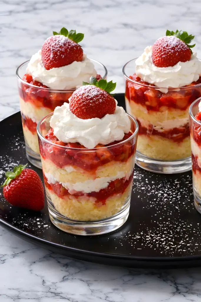 Strawberry shortcake cups with layers in glass on black plate