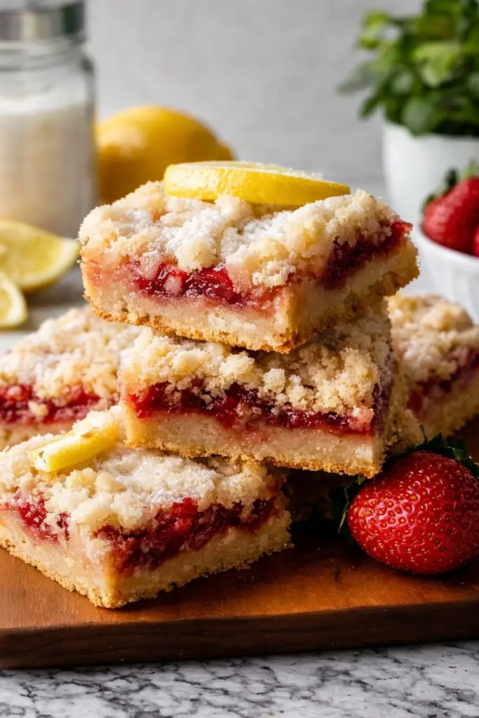 Stack of three lemon strawberry crumb bars on wooden board with fresh lemon slice garnish showing layered buttery crust and fruit filling