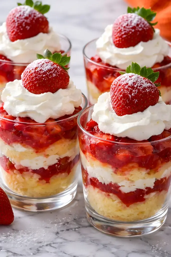 Layered strawberry shortcake cups in clear glasses with whipped cream