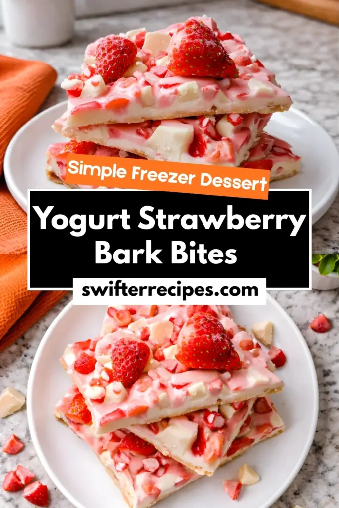 Yogurt strawberry bark bites stacked on white plates with fresh strawberries and white chocolate, labeled simple freezer dessert with swifterrecipes.com