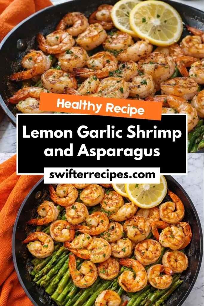 Healthy lemon garlic shrimp and asparagus skillet with text overlay and website branding