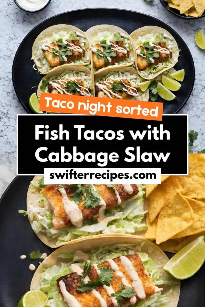 Fish tacos with cabbage slaw Pinterest pin with taco night sorted text and swifterrecipes.com branding on black plate