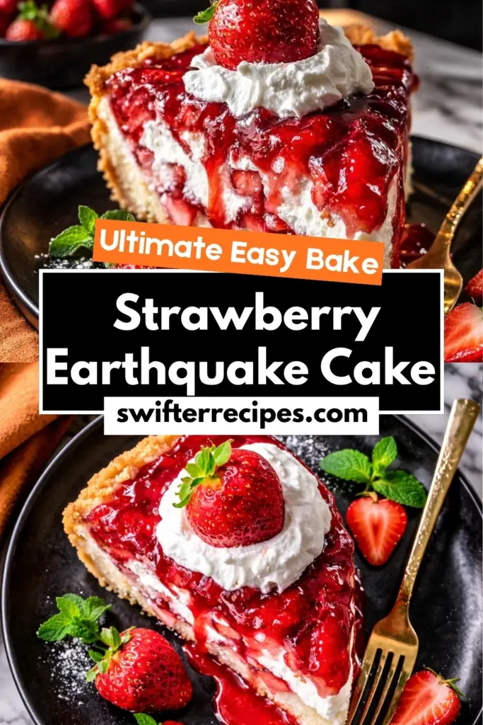 Strawberry Earthquake Cake slice with whipped cream and fresh strawberries featuring Ultimate Easy Bake text overlay