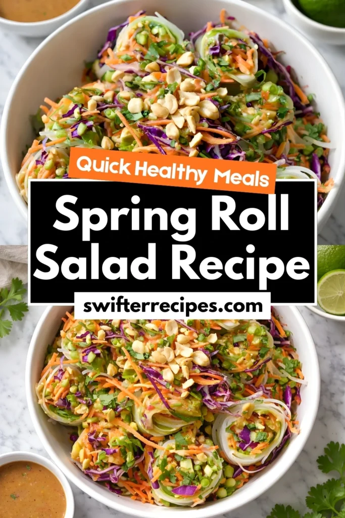 Colorful spring roll salad with rice noodles, shredded vegetables, and peanuts in a white bowl with bold overlay text promoting a quick healthy meal recipe from swifterrecipes.com
