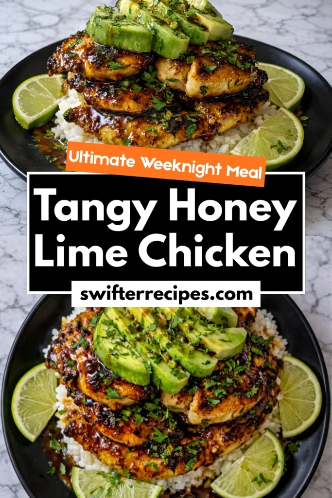 Promotional recipe graphic showing tangy honey lime chicken with avocado on rice and lime wedges labeled as ultimate weeknight meal from swifterrecipes