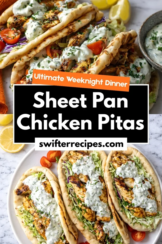 Sheet Pan Chicken Pitas recipe branded pin with text Ultimate Weeknight Dinner from swifterrecipes.com