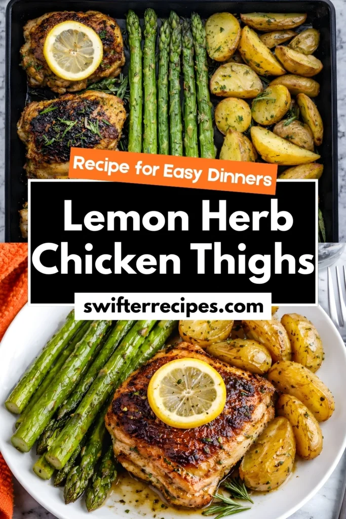 Promotional graphic of lemon herb chicken thighs with asparagus and potatoes, featuring swifterrecipes.com and text for easy dinner recipe