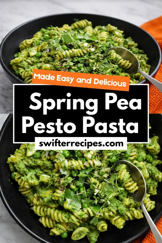 Spring pea pesto pasta with rotini and peas in a black bowl with text overlay promoting easy and delicious family dinner