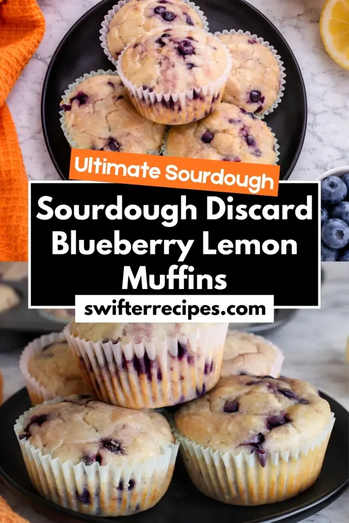 Ultimate sourdough discard blueberry lemon muffins on black plates with fresh blueberries and lemon