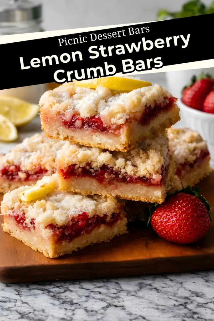 Lemon strawberry crumb bars stacked with crumb topping and strawberry filling