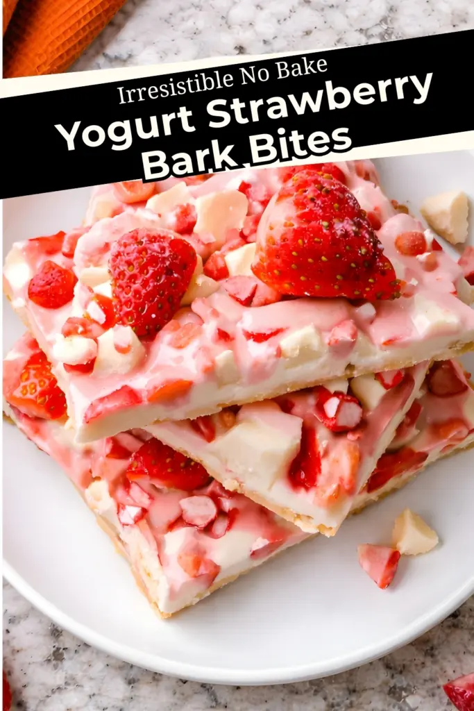 Yogurt strawberry bark bites with fresh strawberries and white chocolate, labeled as irresistible no bake on a white plate