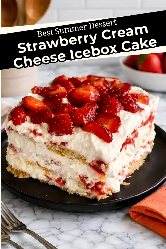 Strawberry cream cheese icebox cake with whipped layers and fresh strawberries labeled as best summer dessert