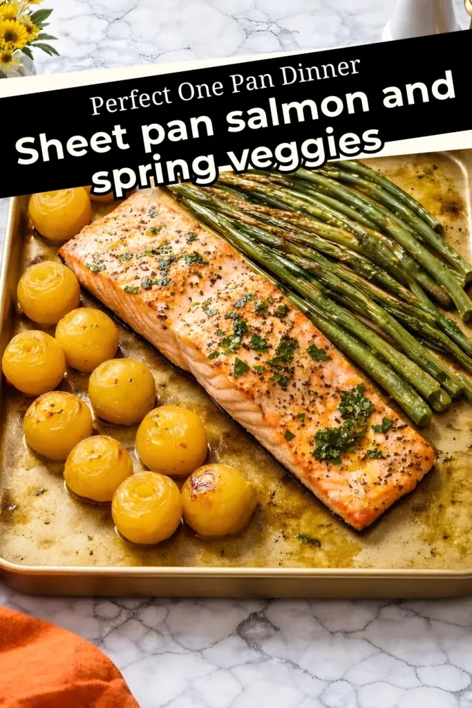 Sheet pan salmon with roasted asparagus and baby potatoes on baking tray