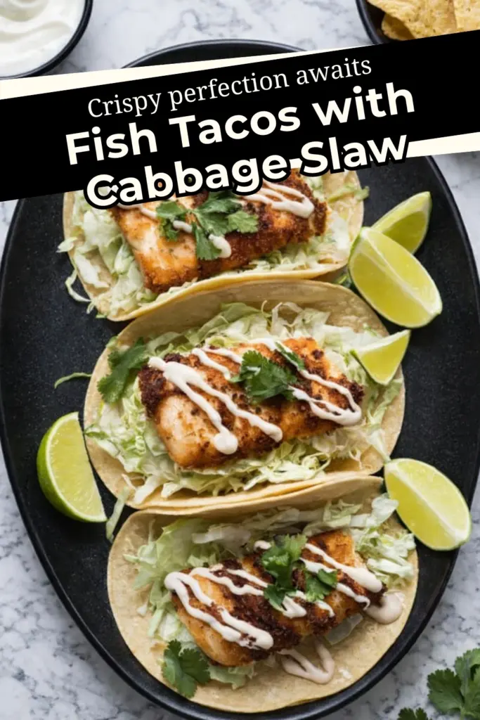 Pinterest pin showing fish tacos with cabbage slaw and text overlay crispy perfection awaits on black plate with lime wedges