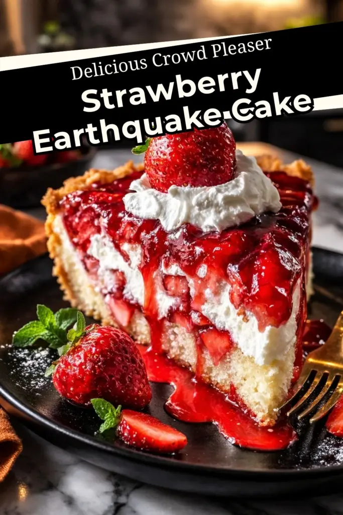Strawberry Earthquake Cake slice with whipped cream and fresh strawberries topped with glossy strawberry sauce and Delicious Crowd Pleaser text overlay