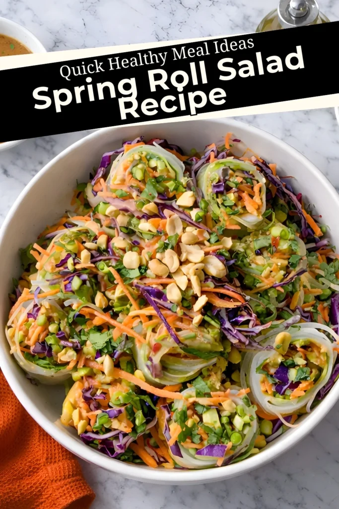 Spring roll salad with rice noodles, vibrant shredded vegetables, and peanut dressing in a white bowl with overlay text reading Quick Healthy Meal Ideas