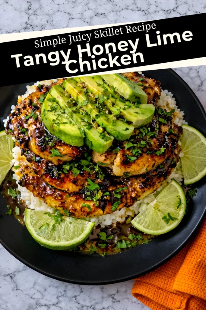 Tangy honey lime chicken skillet served over white rice with avocado slices and lime wedges featured in a recipe graphic with bold title text