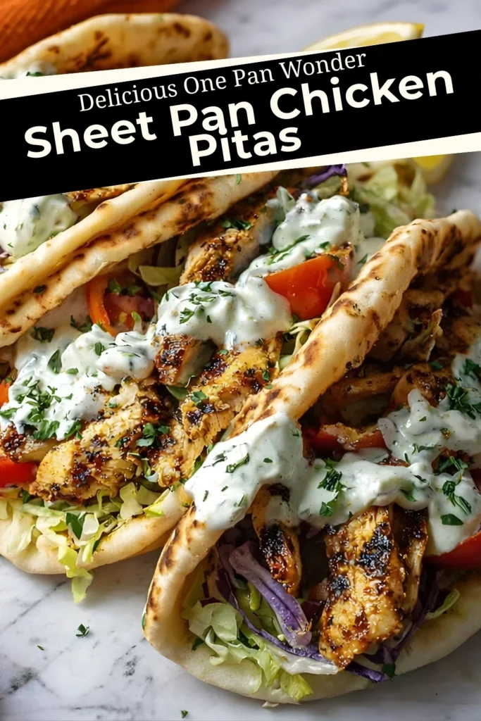 Sheet Pan Chicken Pitas recipe with text overlay showing delicious one pan wonder chicken pitas with ranch