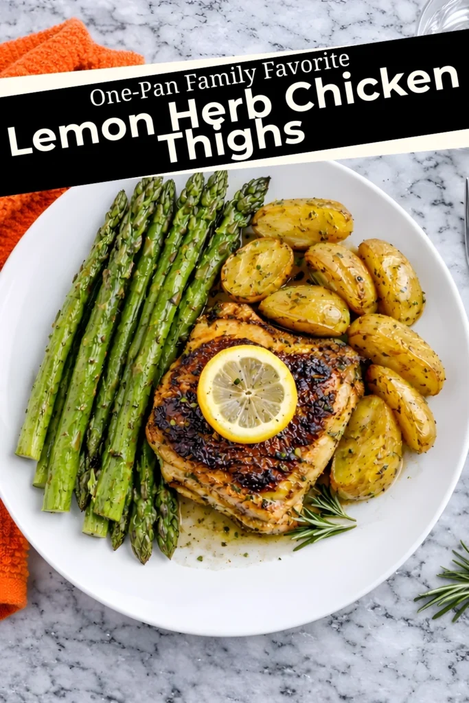 One-pan lemon herb chicken thighs with roasted potatoes and asparagus on a white plate with text overlay