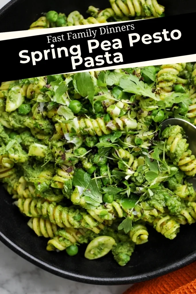 Spring pea pesto pasta with rotini and peas in black bowl with text overlay reading Fast Family Dinners