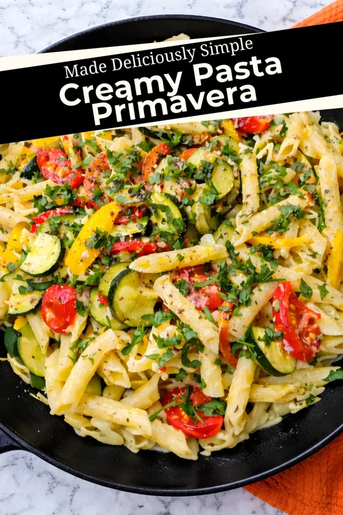 Creamy pasta primavera with penne, zucchini, cherry tomatoes, and bell peppers in a skillet with text overlay saying "Made Deliciously Simple"