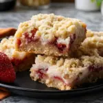 Lemon strawberry crumb bars stacked on black plate with fresh strawberry garnish showing buttery oat topping and fruit filling
