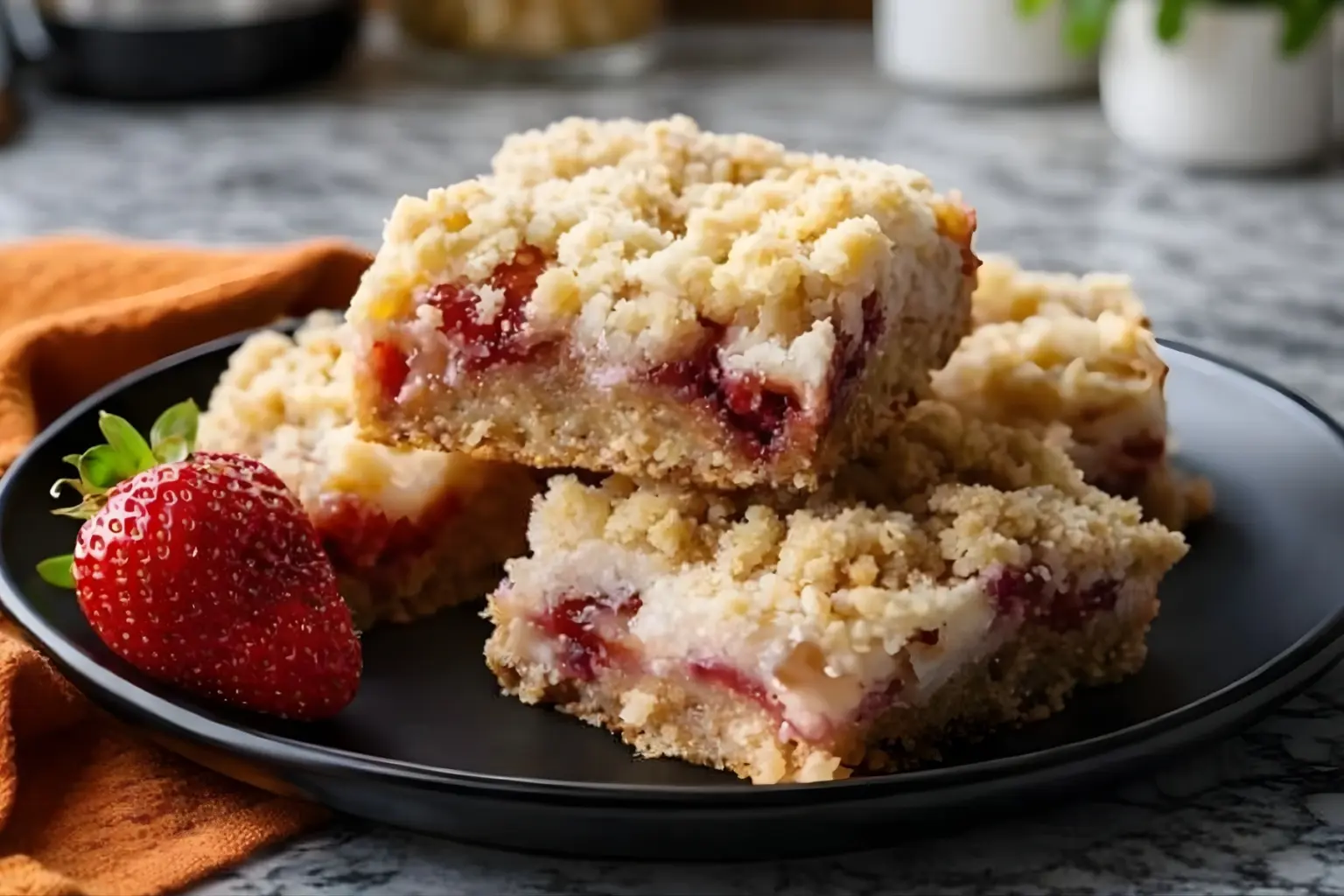 Lemon strawberry crumb bars stacked on black plate with fresh strawberry garnish showing buttery oat topping and fruit filling