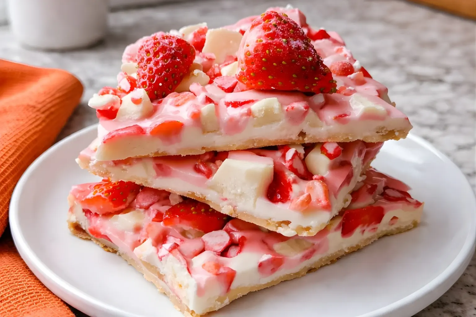 Yogurt strawberry bark bites with fresh strawberries and white chocolate on a plate