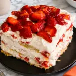 Strawberry cream cheese icebox cake with layered graham crackers and fresh strawberries on top