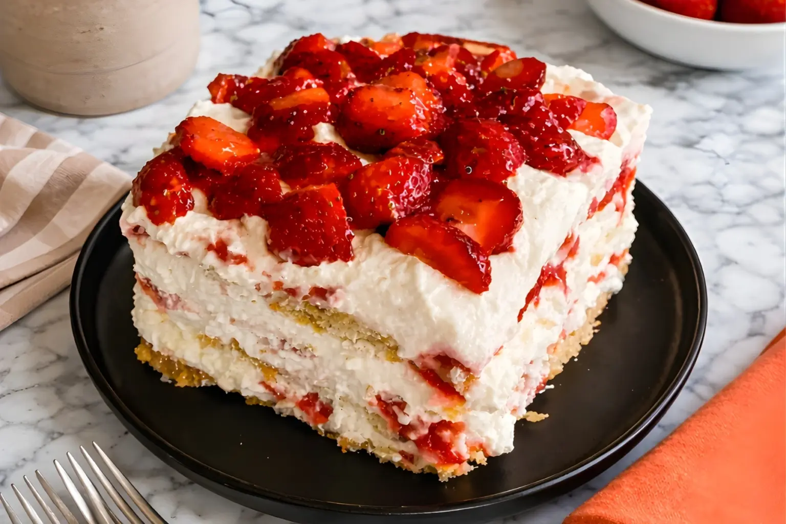 Strawberry cream cheese icebox cake with layered graham crackers and fresh strawberries on top