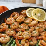 Lemon garlic shrimp and asparagus in a black skillet topped with fresh lemon slices and parsley on a marble countertop