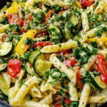 Close-up of creamy pasta primavera with penne, zucchini, cherry tomatoes, bell peppers, and fresh parsley in a black skillet