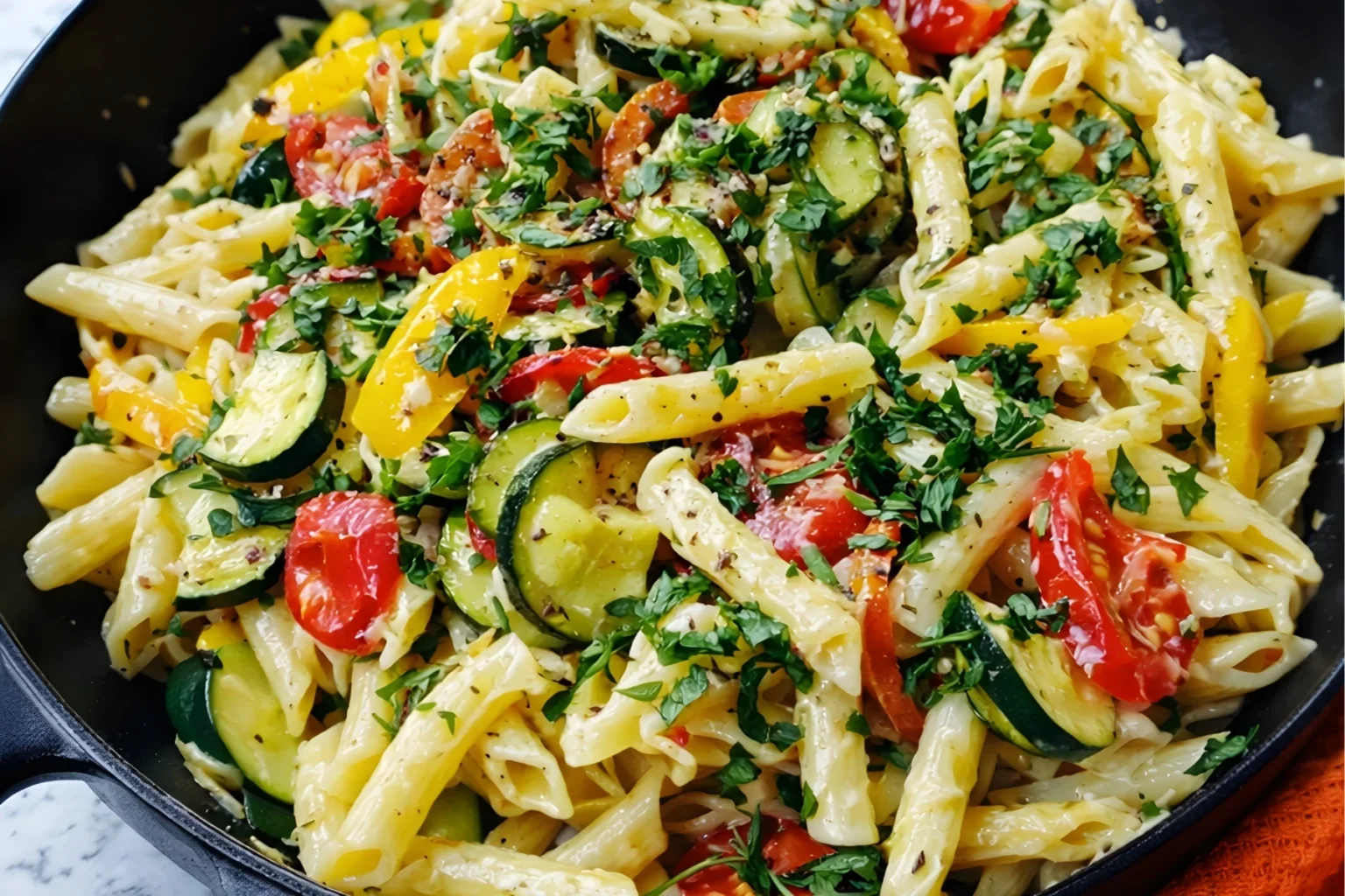 Close-up of creamy pasta primavera with penne, zucchini, cherry tomatoes, bell peppers, and fresh parsley in a black skillet