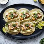 Fish tacos with cabbage slaw served on corn tortillas with crispy seasoned fish, fresh cilantro, lime wedges, and creamy sauce on a black plate