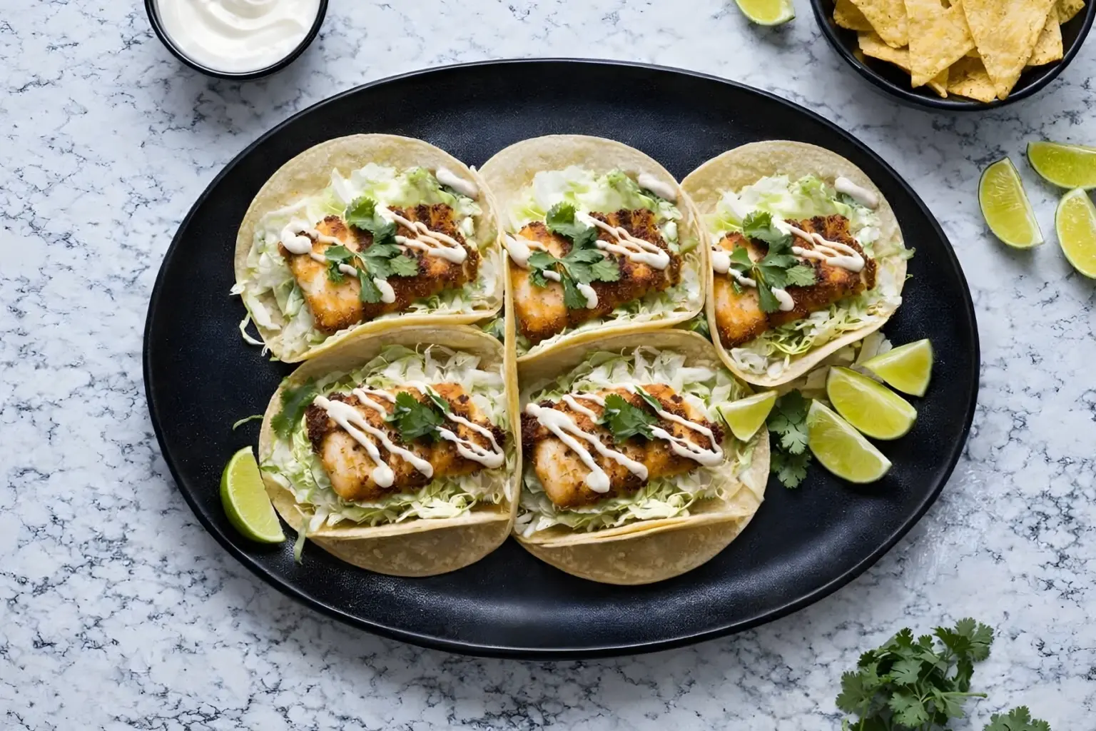 Fish tacos with cabbage slaw served on corn tortillas with crispy seasoned fish, fresh cilantro, lime wedges, and creamy sauce on a black plate
