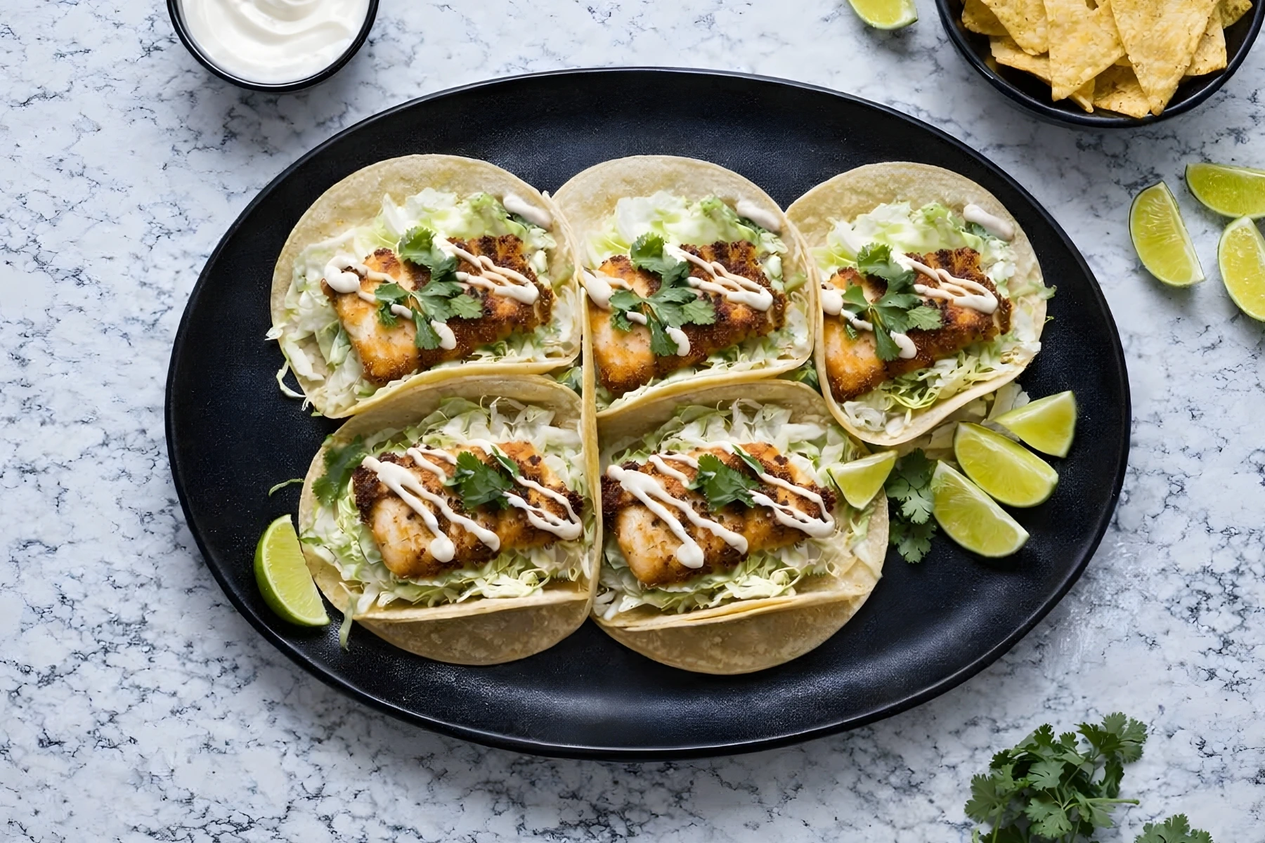 Fish tacos with cabbage slaw served on corn tortillas with crispy seasoned fish, fresh cilantro, lime wedges, and creamy sauce on a black plate