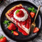 Strawberry Earthquake Cake slice with whipped cream, fresh strawberries, and strawberry glaze on a black plate