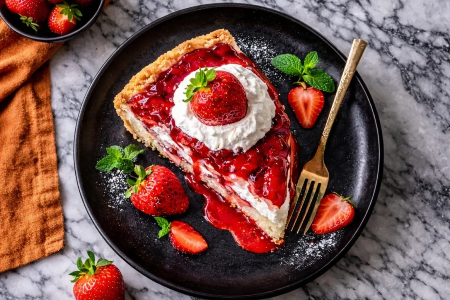 Strawberry Earthquake Cake slice with whipped cream, fresh strawberries, and strawberry glaze on a black plate