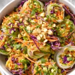 Colorful spring roll salad with shredded vegetables, rice noodles, and crushed peanuts in a white bowl with creamy peanut dressing