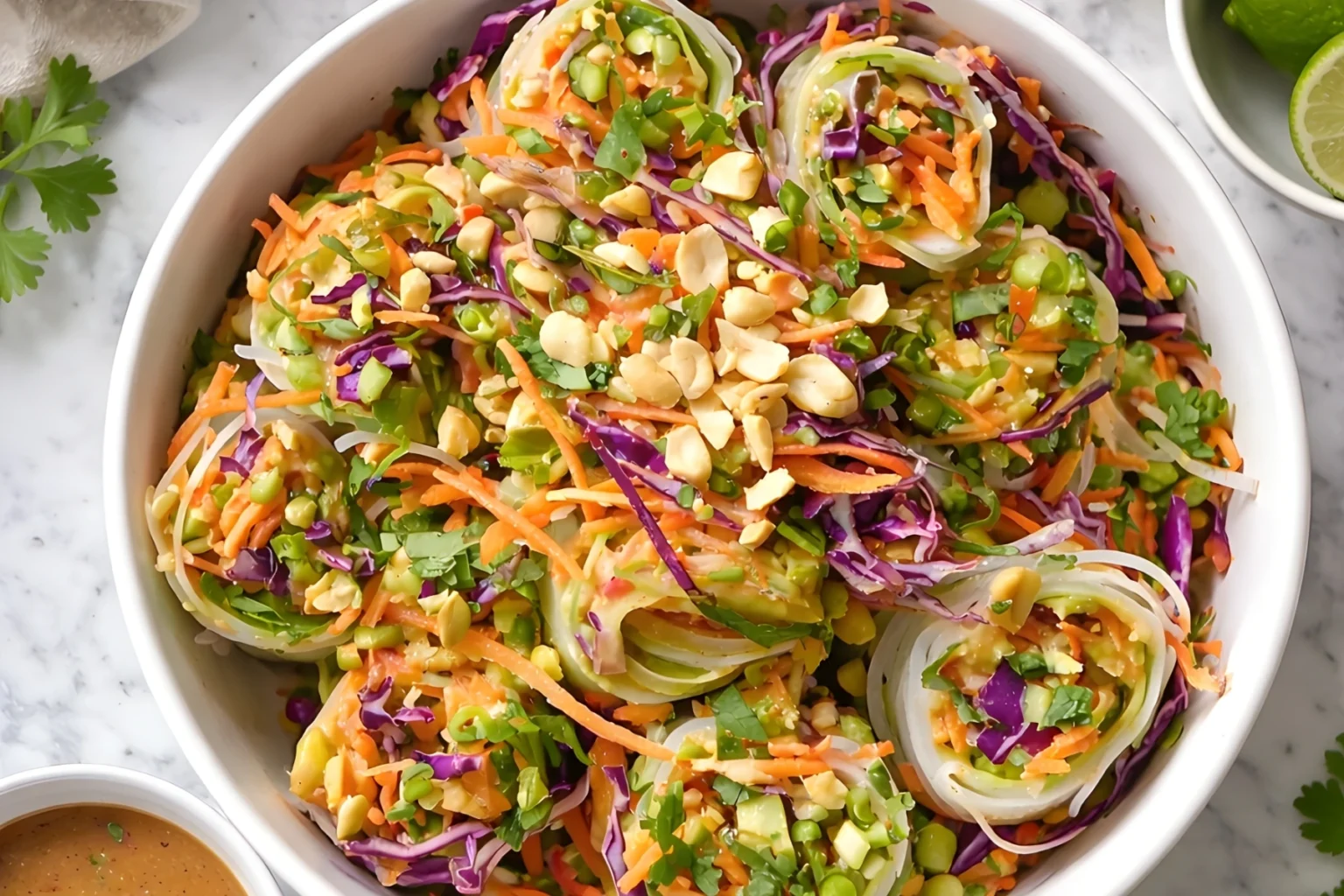 Colorful spring roll salad with shredded vegetables, rice noodles, and crushed peanuts in a white bowl with creamy peanut dressing