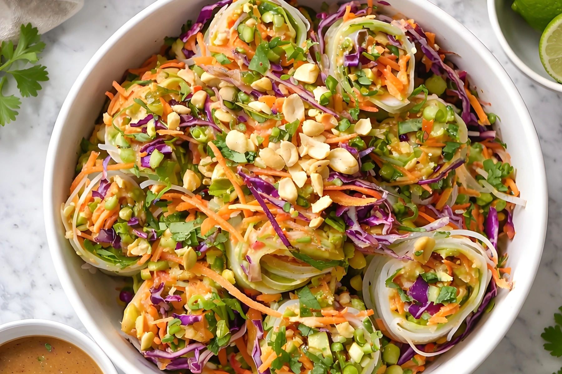 Colorful spring roll salad with shredded vegetables, rice noodles, and crushed peanuts in a white bowl with creamy peanut dressing