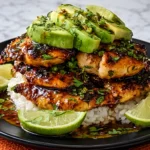 Tangy honey lime chicken with avocado slices served over rice, garnished with cilantro and lime wedges