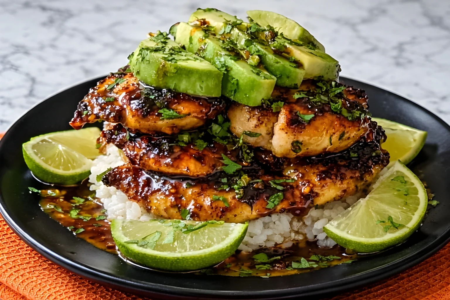 Tangy honey lime chicken with avocado slices served over rice, garnished with cilantro and lime wedges